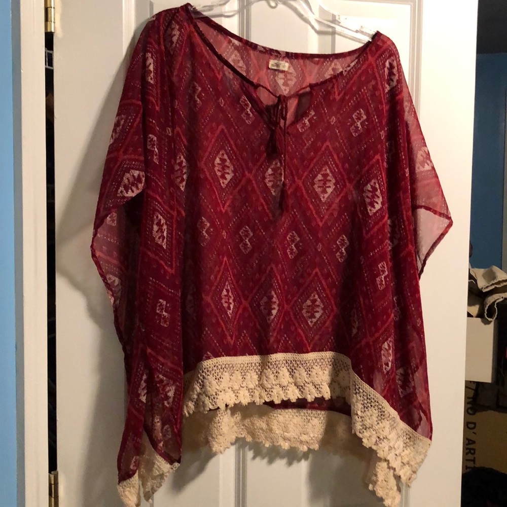 Hollister boho red/rust/cream top with crochet